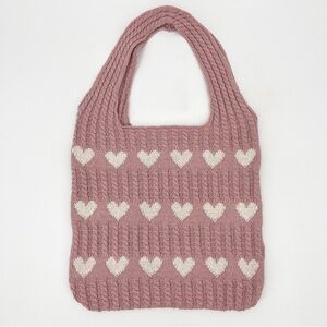 NEW Y2K Pink/White Hearts Coquette Crochet Knit Shoulder Tote Bag